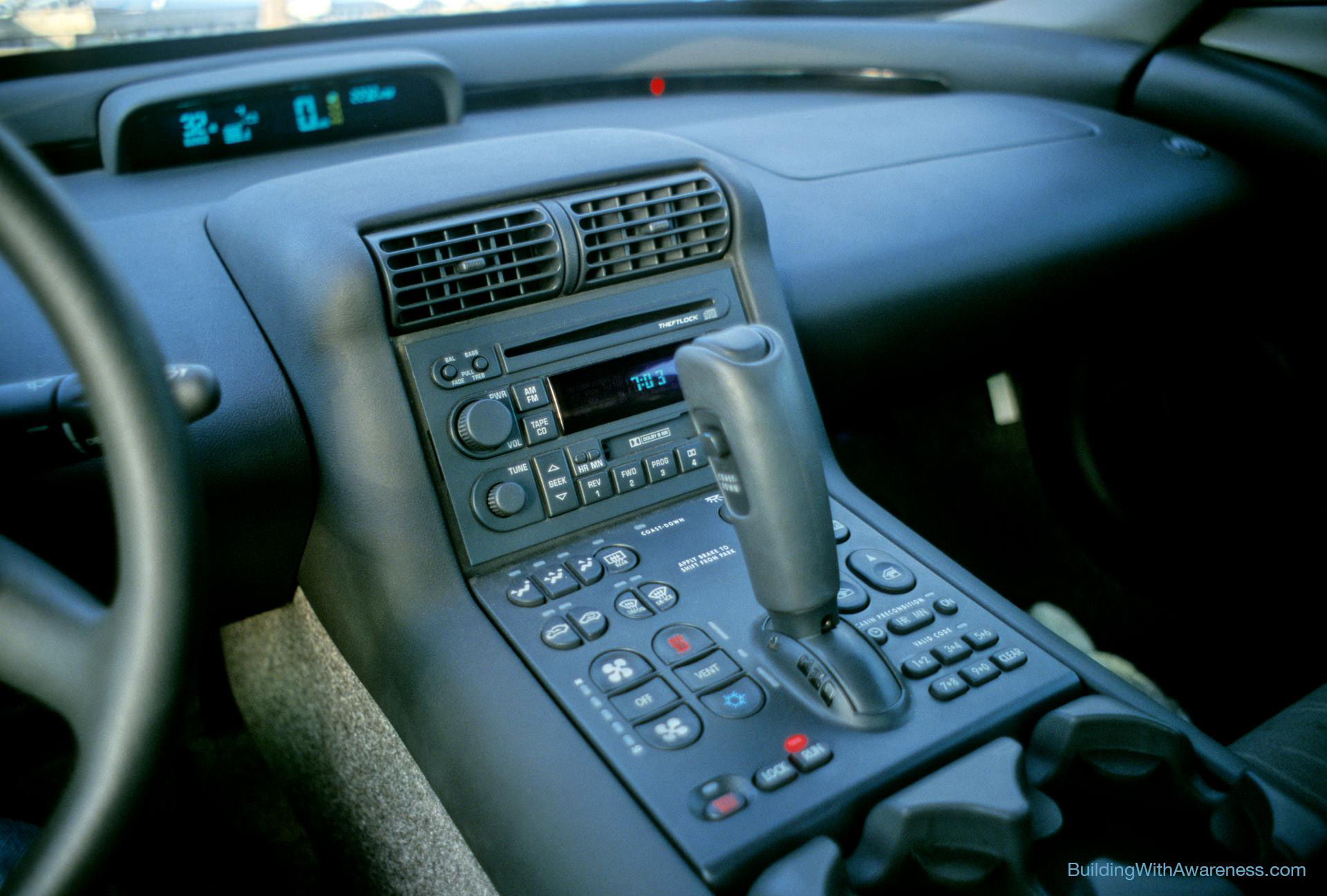 EV1 electric car interior view of the center console.